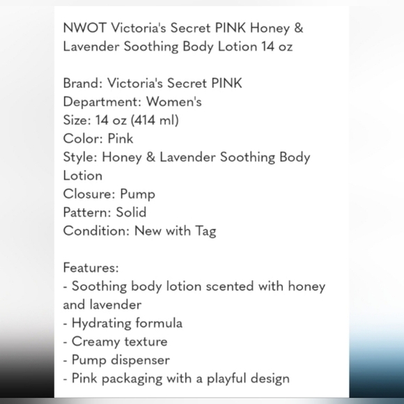 ✨️ Victoria secret PINK HONEY LAVENDER BODY MOISTURIZER 14 fl oz ✨️ - Picture 3 of 3